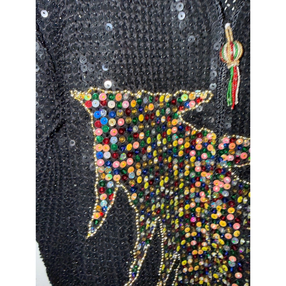 VTG Berek Sequin Christmas Tree Cardigan Women Large Black Art to Wear - Picture 2 of 7